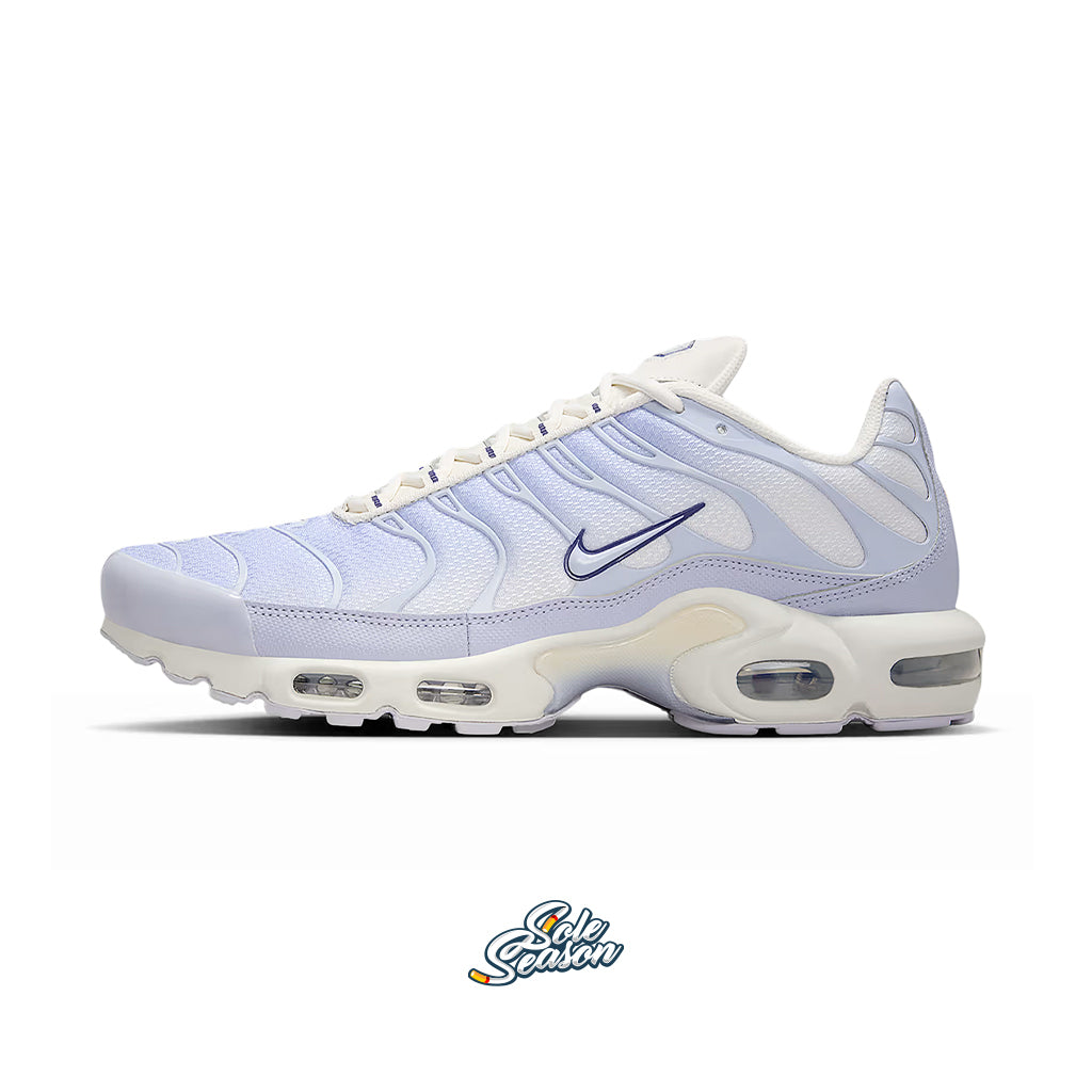 Side profile of the Nike TN 'Sanded Purple', showing the wave-like gradient cage overlay in sanded purple over light mesh and crisp Air Max sole.