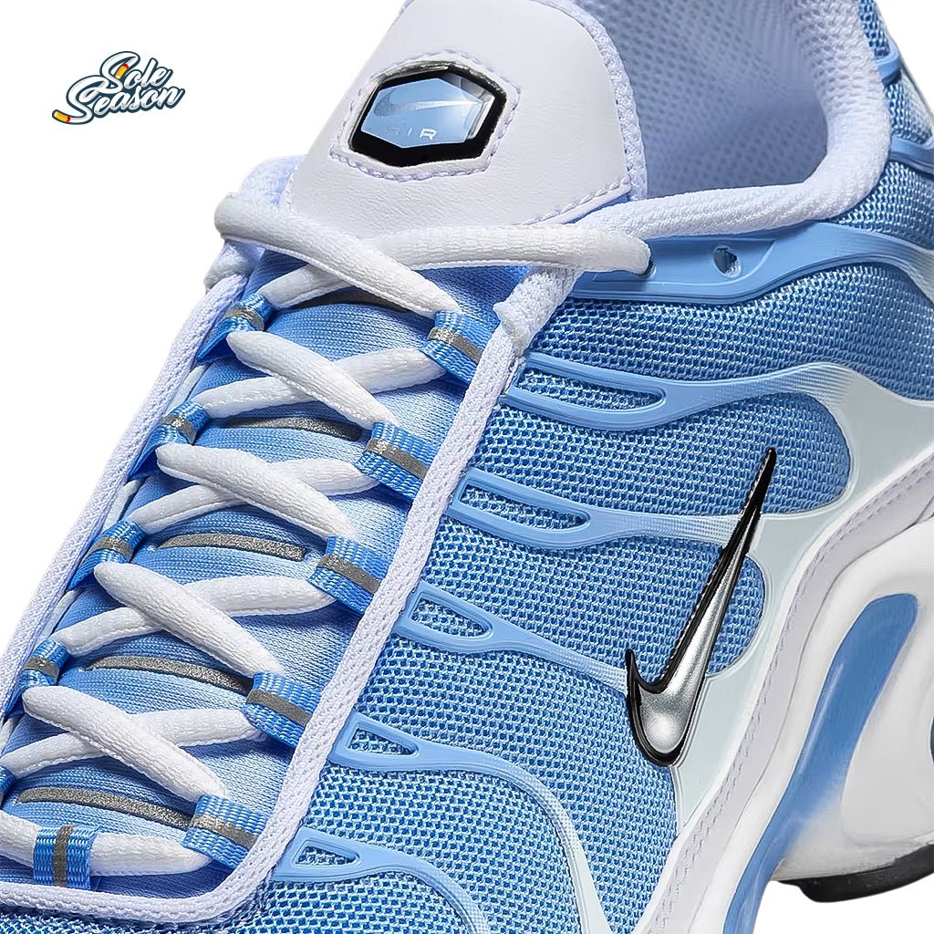 Nike Air Max Plus Baby Blue White – close-up of tongue, laces, and Swoosh logo