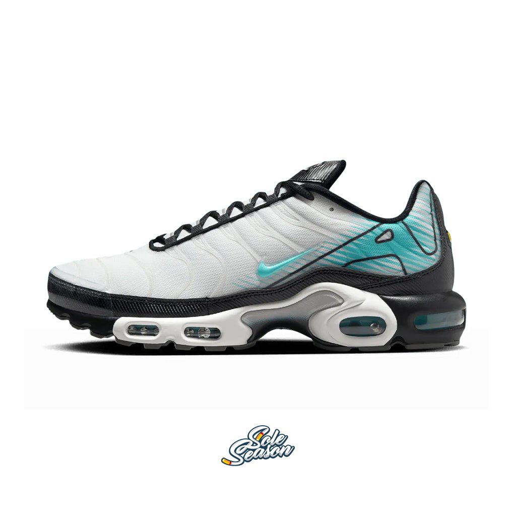 Side profile of the Nike TN Mercurial Vapour featuring a clean white upper, teal Swoosh, and gradient teal heel pattern.
