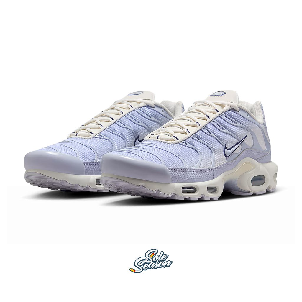 Angled view of the Nike TN 'Sanded Purple' pair, showing both shoes from the front side to reveal overall silhouette and balance of colour tones.