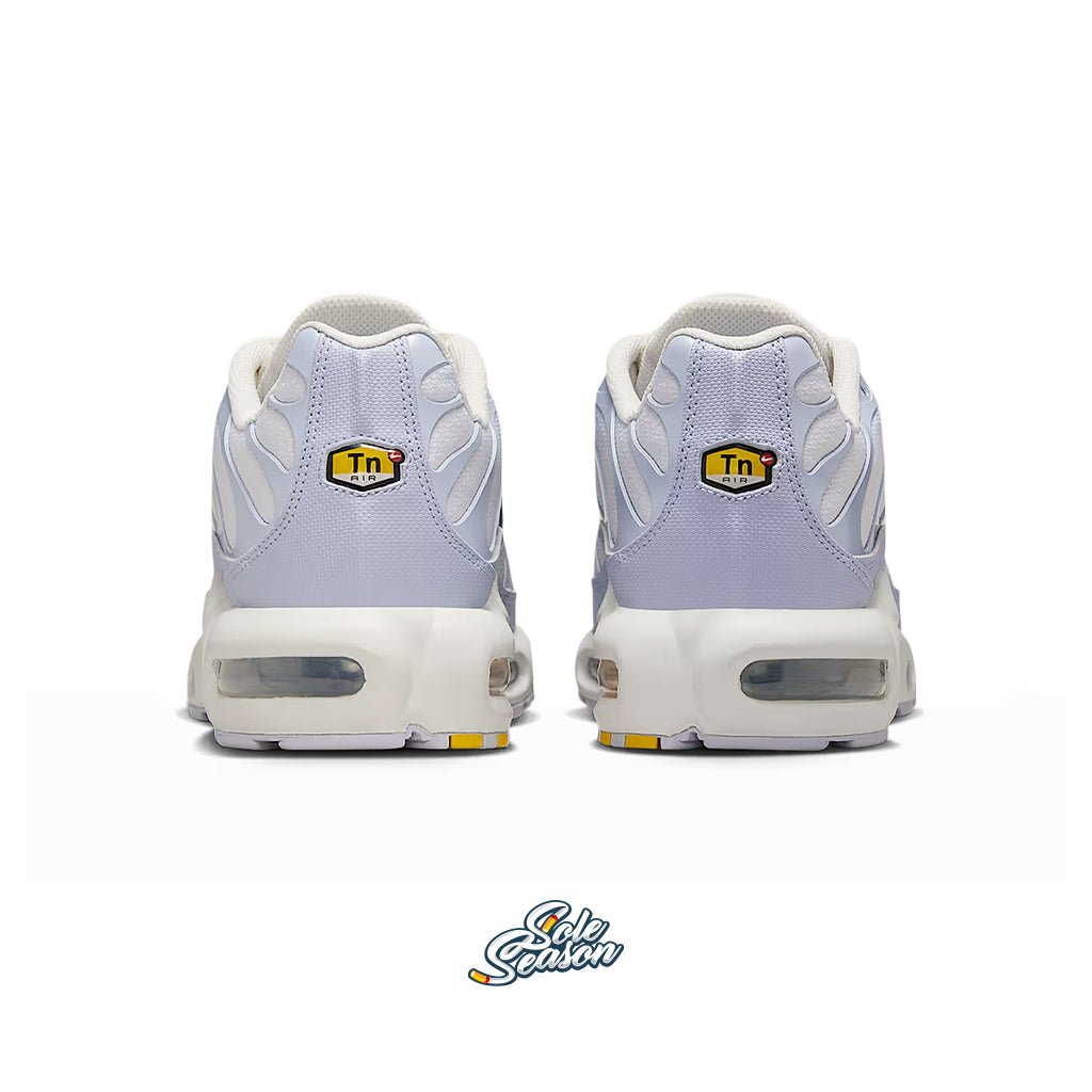Rear view of the Nike TN 'Sanded Purple', featuring the iconic Tn Air heel logo and dual Air units encased in a clean white sole.