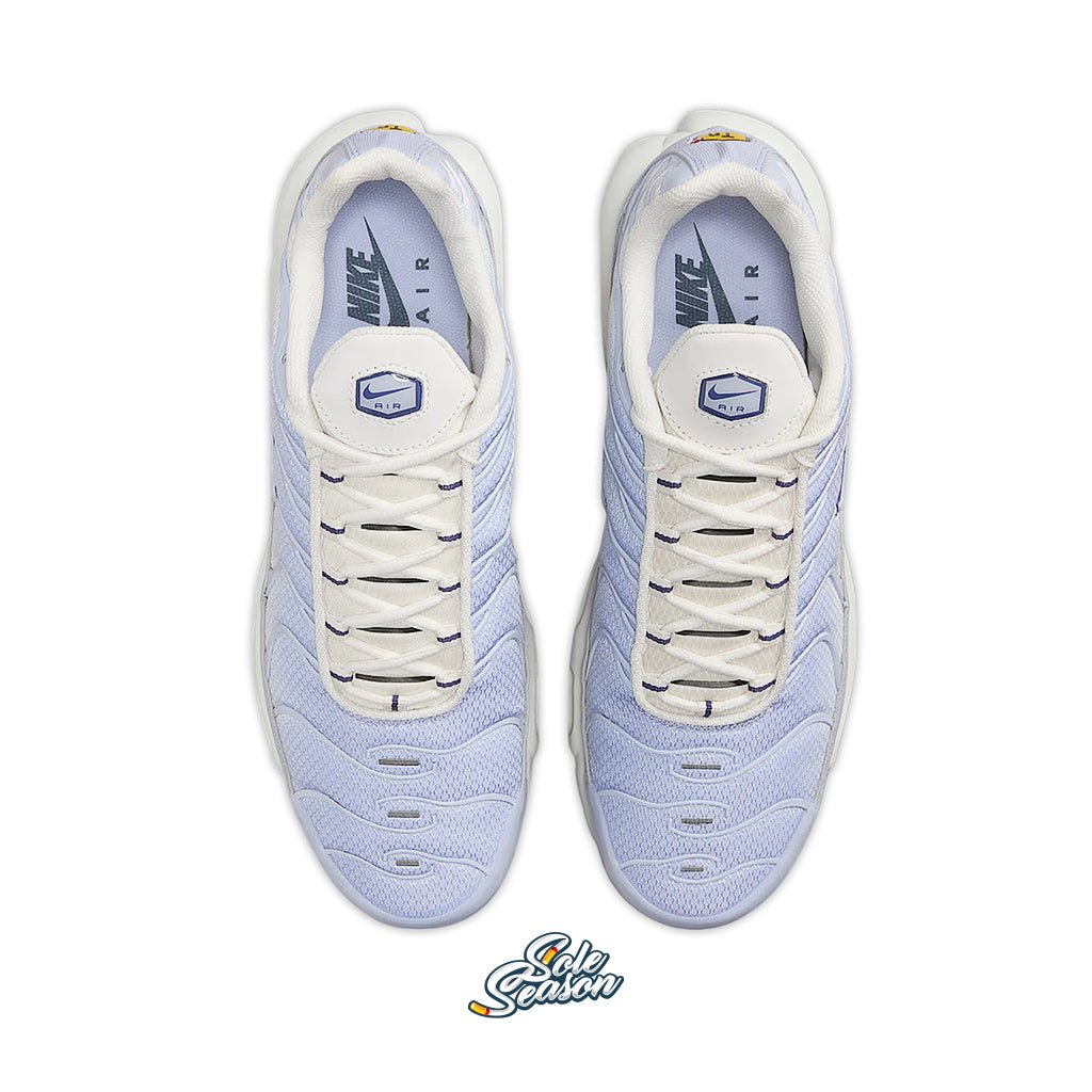 Top-down view of the Nike TN 'Sanded Purple', highlighting the clean symmetrical design and white interior lining with Nike branding on the insole.