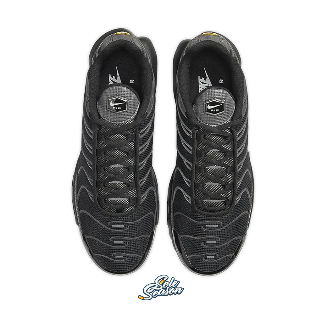 Top-down view of Nike TN Black / Pure Platinum 3M sneakers showing mesh and reflective laces