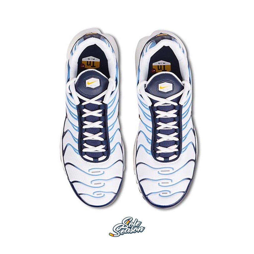 white and blue nike tn
