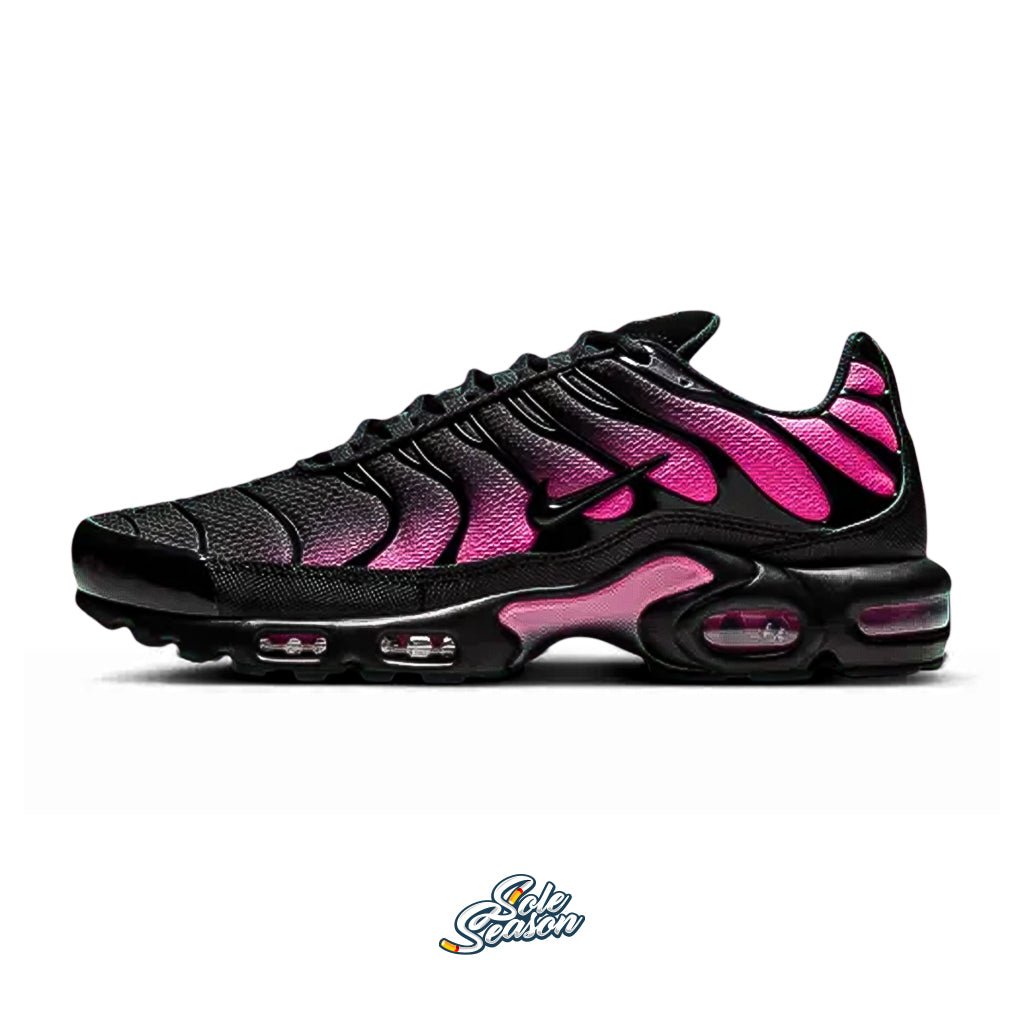 Side view of Nike Air Max Plus Hyper Pink Neon with black mesh upper and vibrant pink-to-black fade.